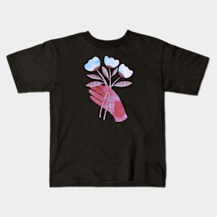 Red hand with blue flowers for you on black background Kids T-Shirt